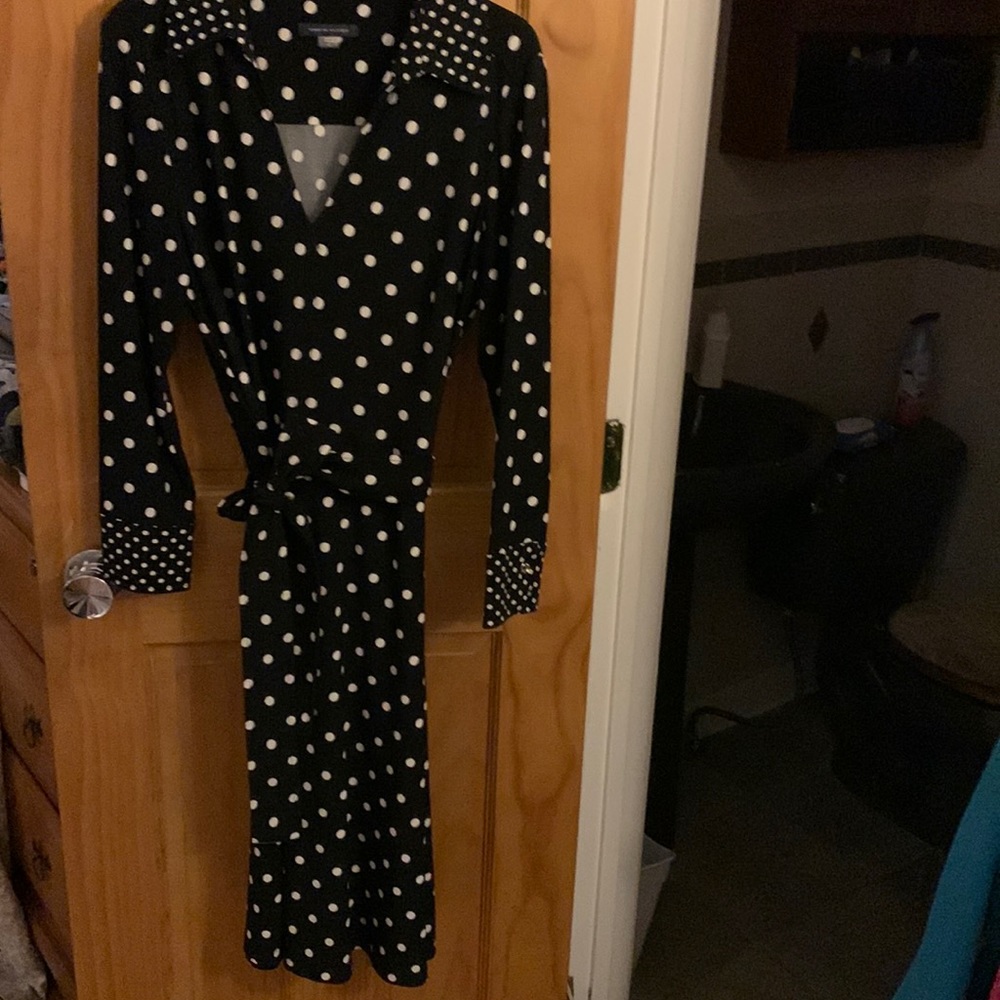 Tommy Hilfiger, navy blue polka dot long sleeve dress with belt.